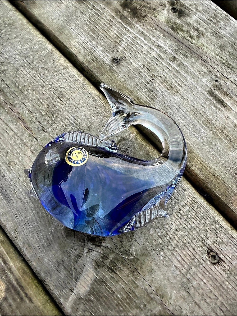 Vintage Murano Glass Fish Figurine Cobalt Blue Clear Art Glass Made in Italy